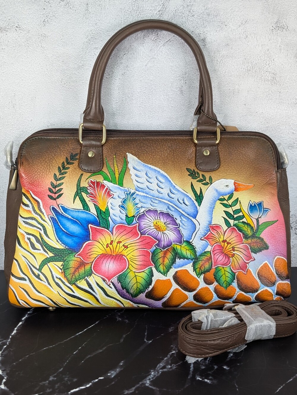 Sukriti Hand-Painted Leather Swan Floral Satchel/Tote